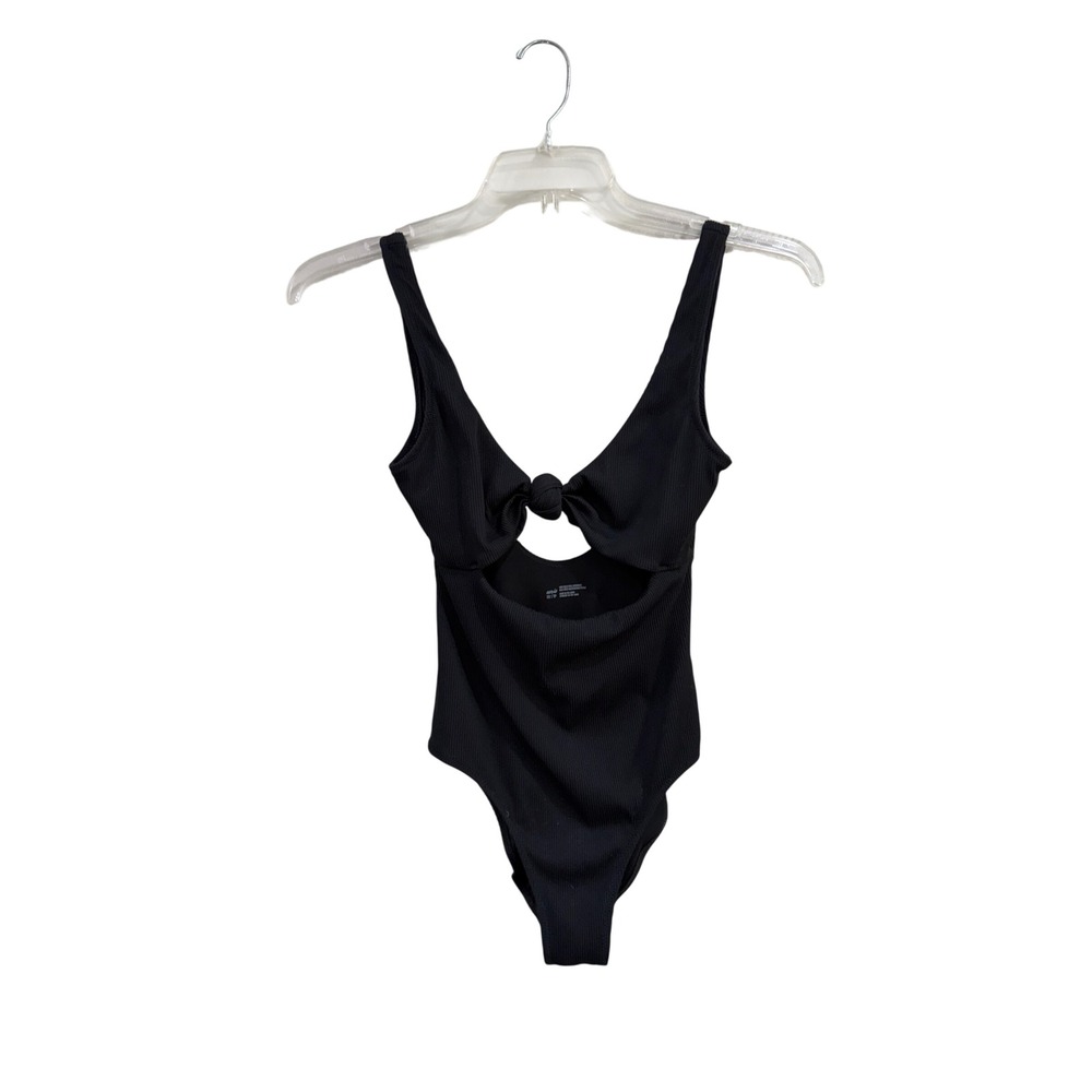 Aerie Ribbed One Piece Swimsuit Black Front Cutout Knot Detail Full Coverage XS